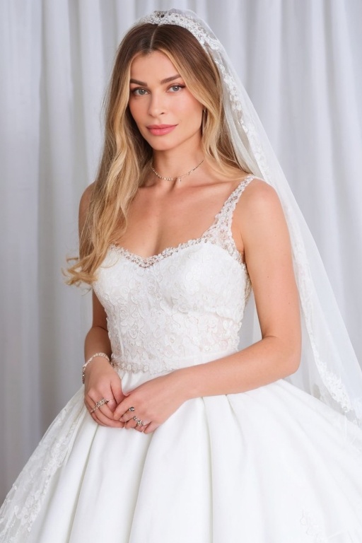 hyperrealistic full body photo of Grazi Massafera,  in a white lace wedding dress with pearl details and a long,  delicate...