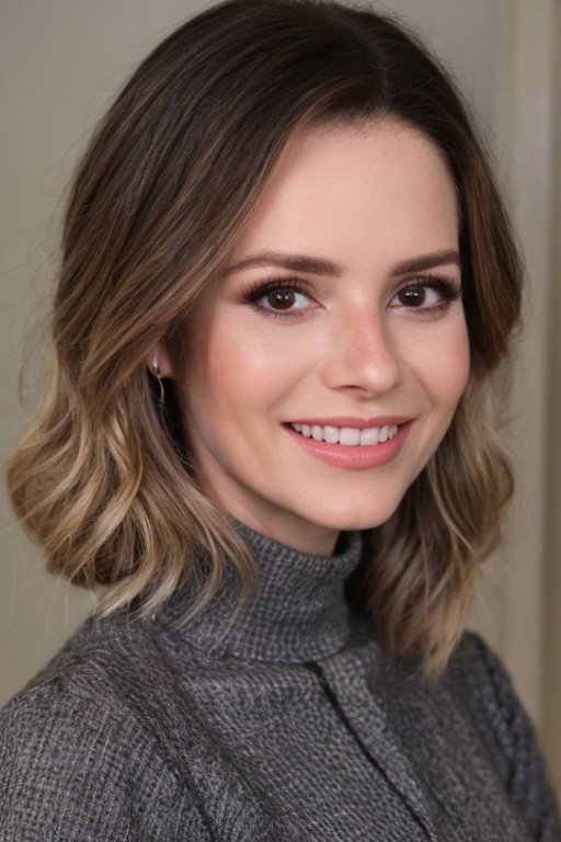 Close up of Sandy,  detailed face smiling,  gray turtleneck blouse. Cinematic style on Tensor.Art