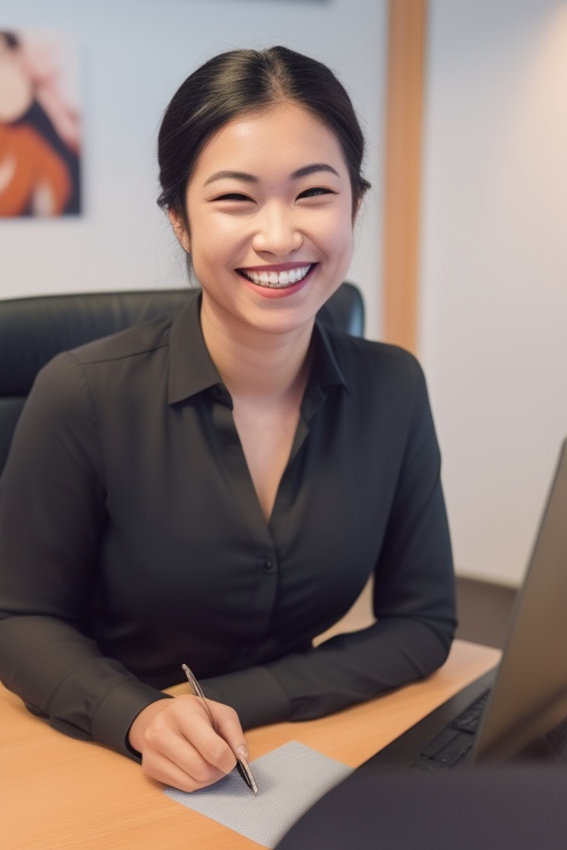 A close-up shot of a young woman sitting at a desk in a modern office setting,  with a warm smile spreading across her fac...