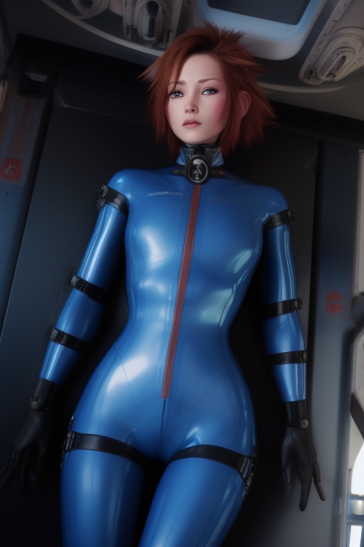 Asuka Langley a spaceship pilot in a latex suit with robotic limbs,  laying down in a pod,  in a cyberpunk setting on Tens...