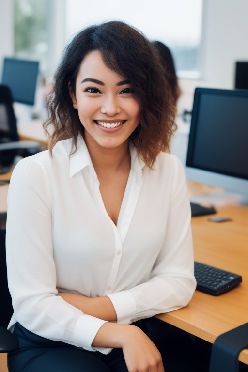 A close-up shot of a young woman sitting at a desk in a modern office setting,  with a warm smile spreading across her fac...