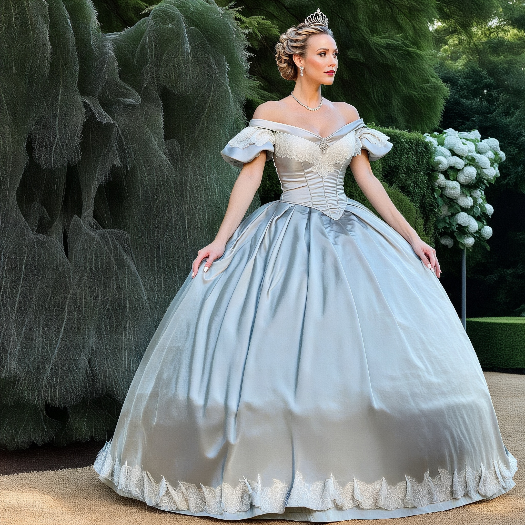 full height photo of beautiful woman,  hair in updo with tiara,  in formal victorian garden on Tensor.Art