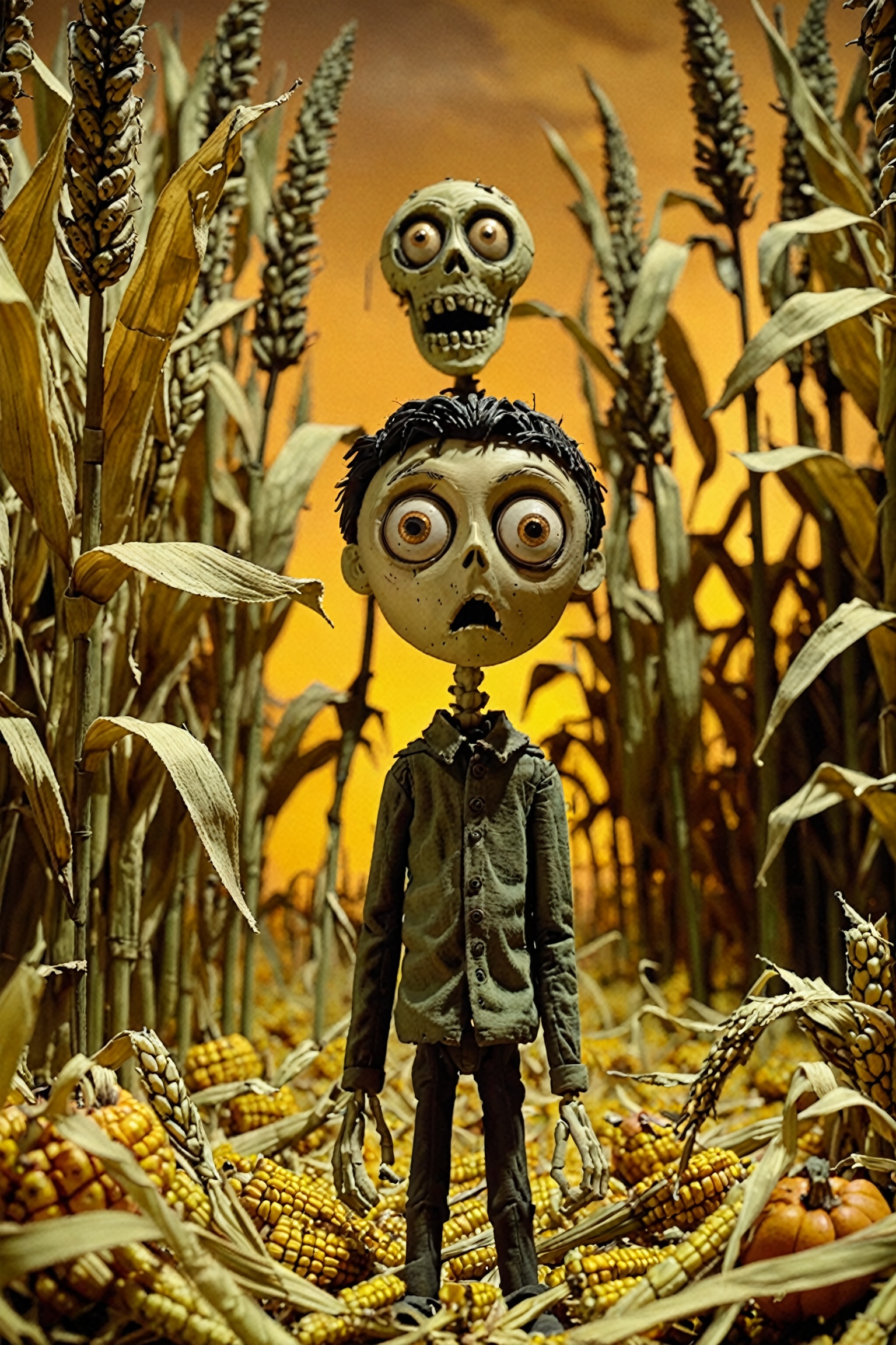 A scene from what appears to be a stop-motion animated film. In the foreground,  there's a young animated character with l...