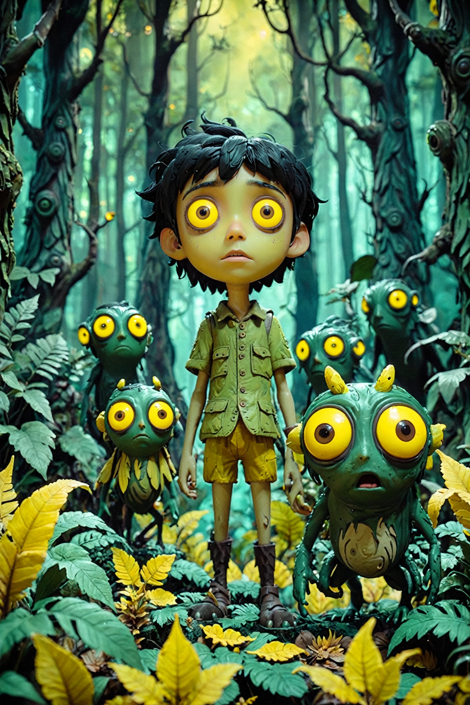 A young animated character with black hair and yellow eyes,  standing amidst a forest-like setting. Surrounding the charac...