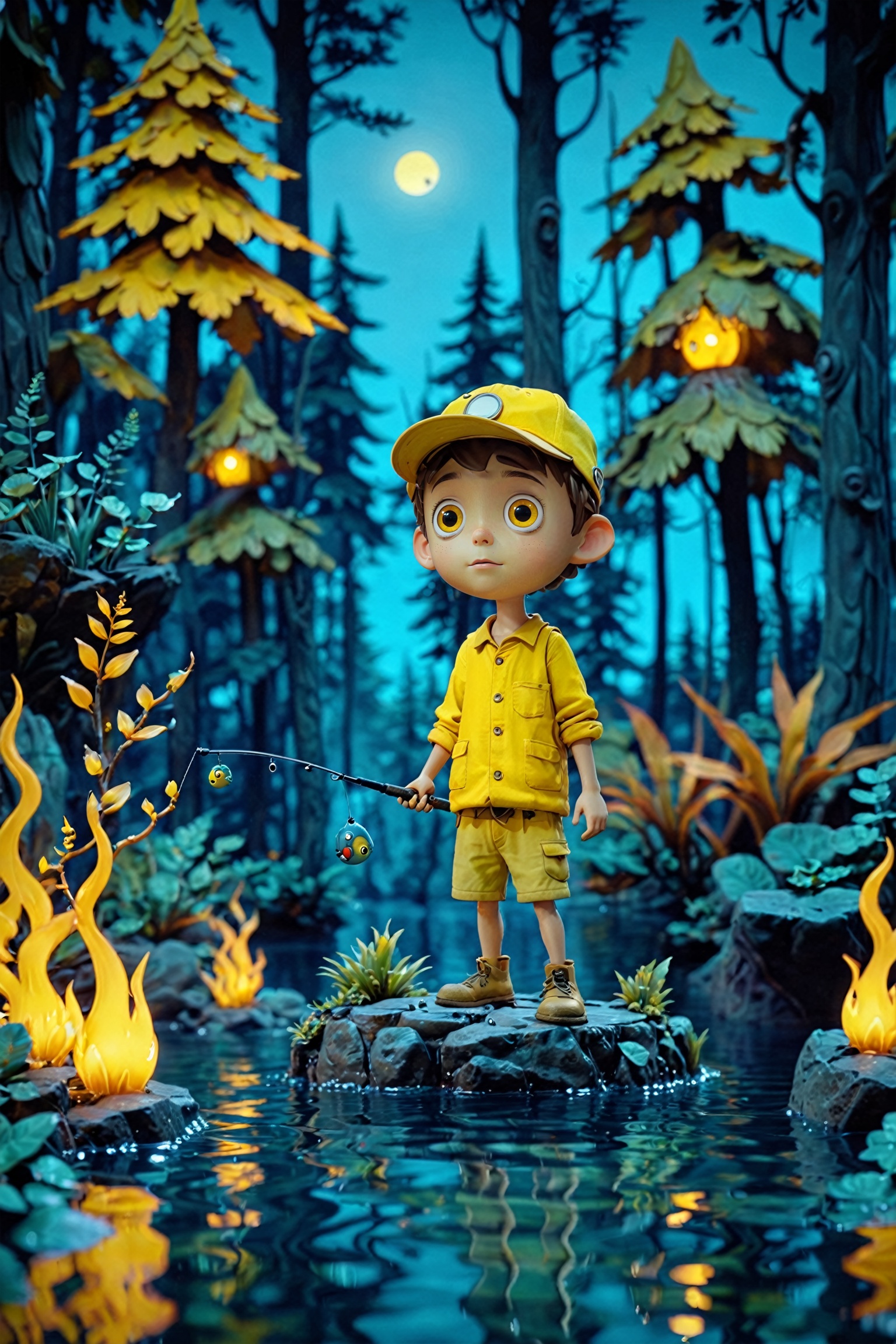 A whimsical,  animated scene set in a forest-like environment. A character,  resembling a young boy on Tensor.Art