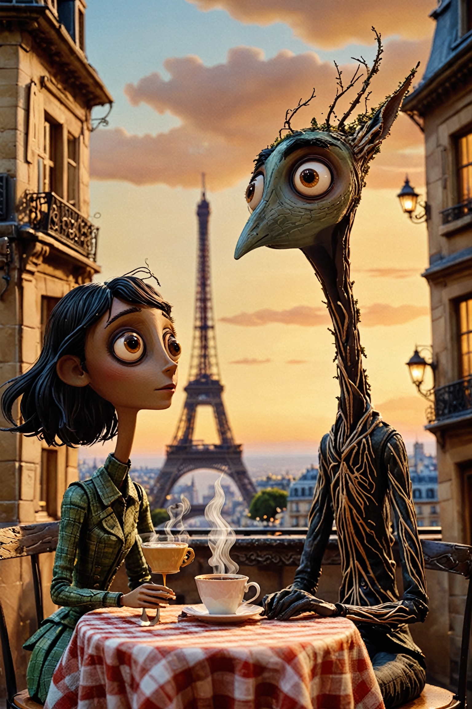 A whimsical scene set against a backdrop of a European city,  possibly Paris,  with the iconic Eiffel Tower visible in the...