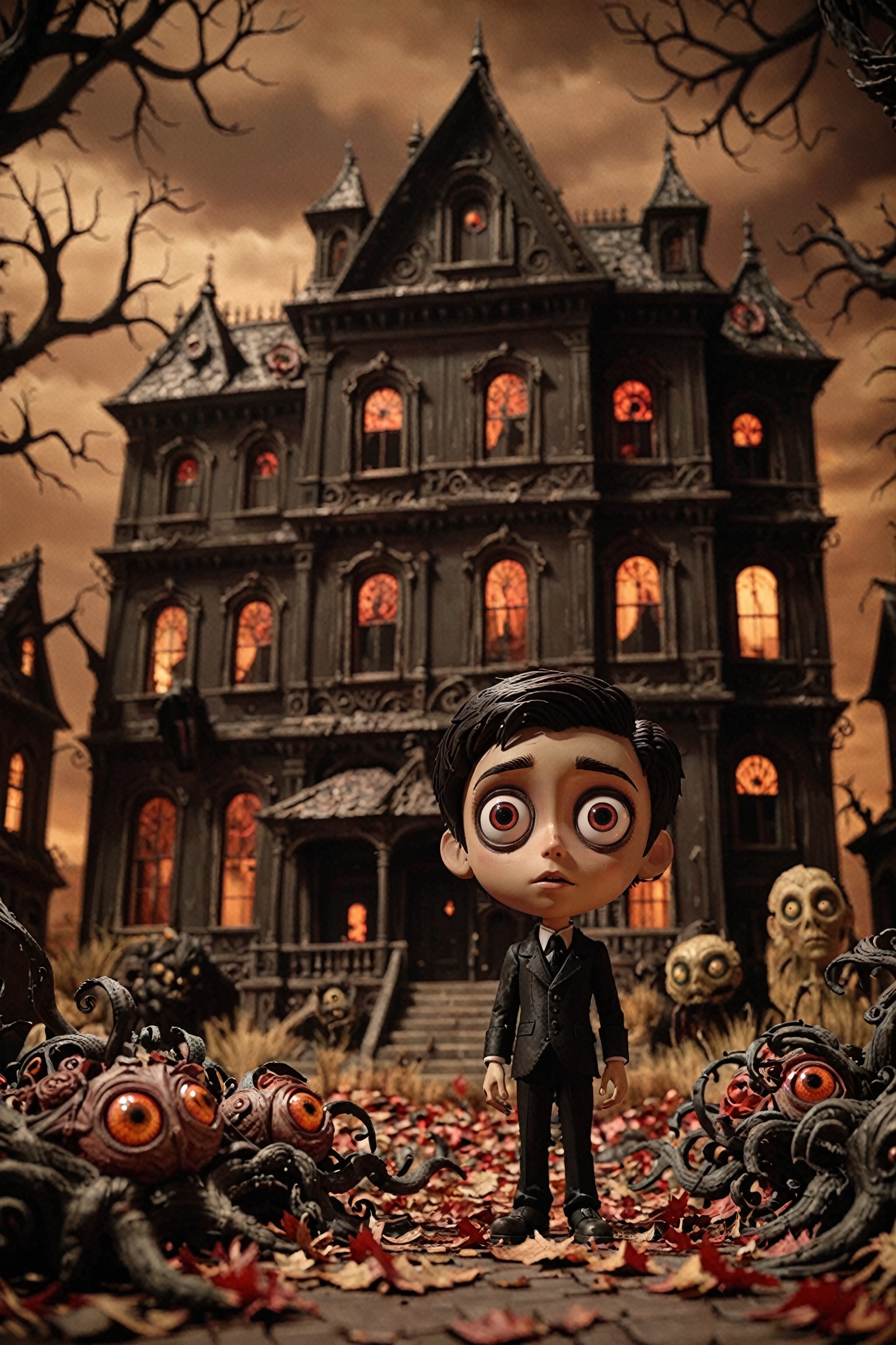 A dark,  atmospheric scene with a young animated character standing in the foreground. The character has large eyes,  dark...