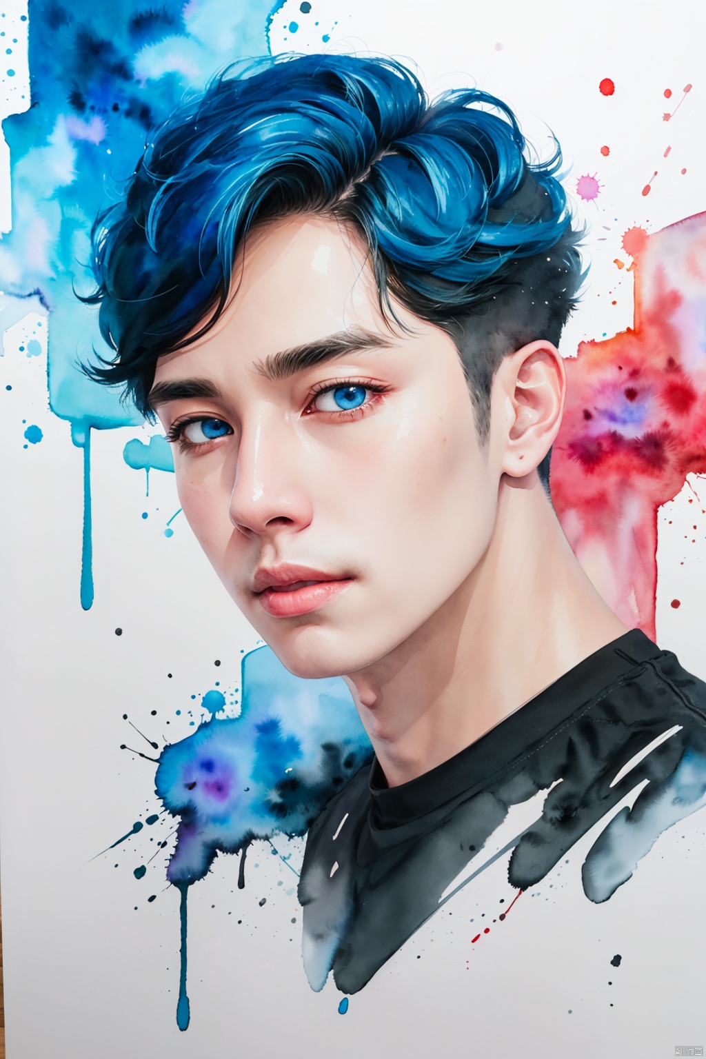 Watercolor, Watercolor painting, Color ink painting, Hand-drawn, Splash ink, Color ink, Rich in color, Pigment spraying,solo, looking at viewer, short hair, blue eyes, black hair, 1boy, blue hair, upper body, male focus, traditional media, portrait, painting \(medium\), paint splatter