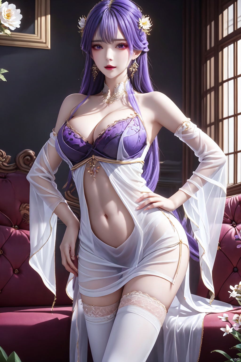 1girl, solo, long hair, breasts, looking at viewer, bangs, large breasts, hair ornament, thighhighs, dress, navel, cleavage, bare shoulders, jewelry, purple eyes, purple hair, flower, earrings, detached sleeves, indoors, white dress, white thighhighs, see-through, hand on hip, couch