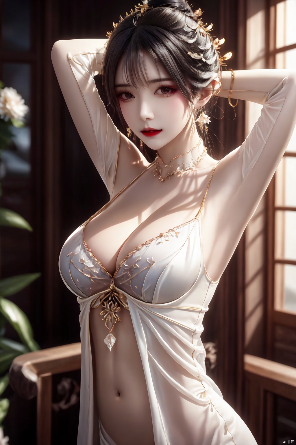 1girl, solo, breasts, looking at viewer, large breasts, black hair, hair ornament, dress, navel, cleavage, jewelry, upper body, earrings, indoors, armpits, hair bun, white dress, blurry, arms up, lips, see-through, blurry background, single hair bun, red lips