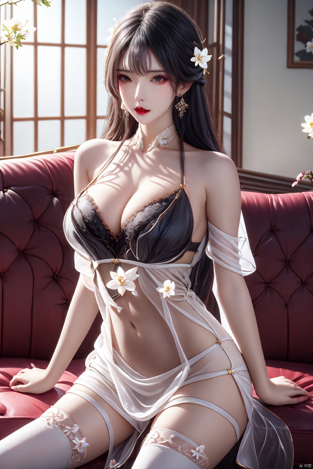 1girl, solo, long hair, breasts, looking at viewer, large breasts, black hair, hair ornament, thighhighs, dress, navel, cleavage, bare shoulders, jewelry, sitting, flower, earrings, indoors, bra, white thighhighs, see-through, window, white flower, couch, branch, red lips