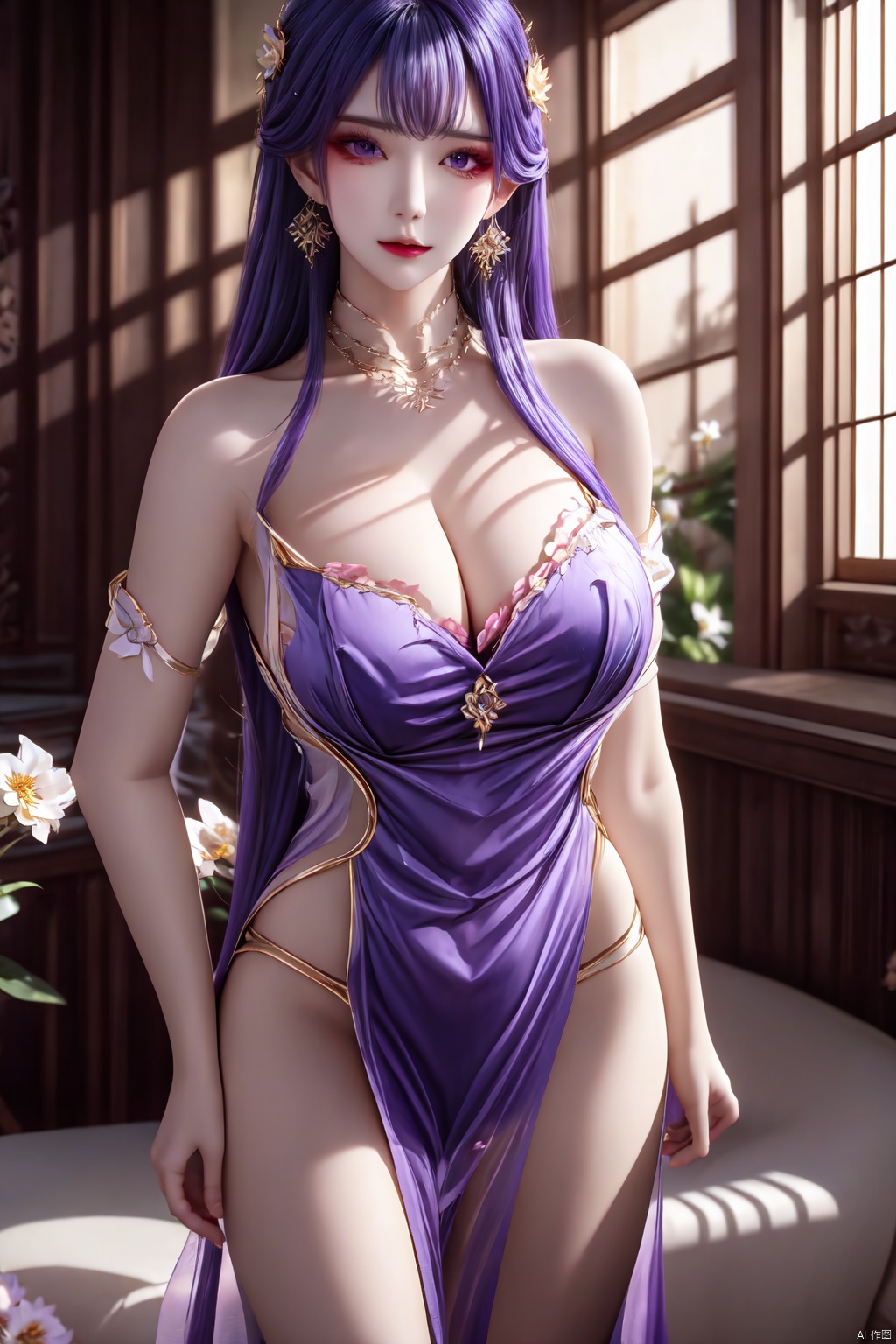 1girl, solo, long hair, breasts, looking at viewer, large breasts, hair ornament, dress, cleavage, jewelry, purple eyes, purple hair, flower, thighs, earrings, indoors, purple dress