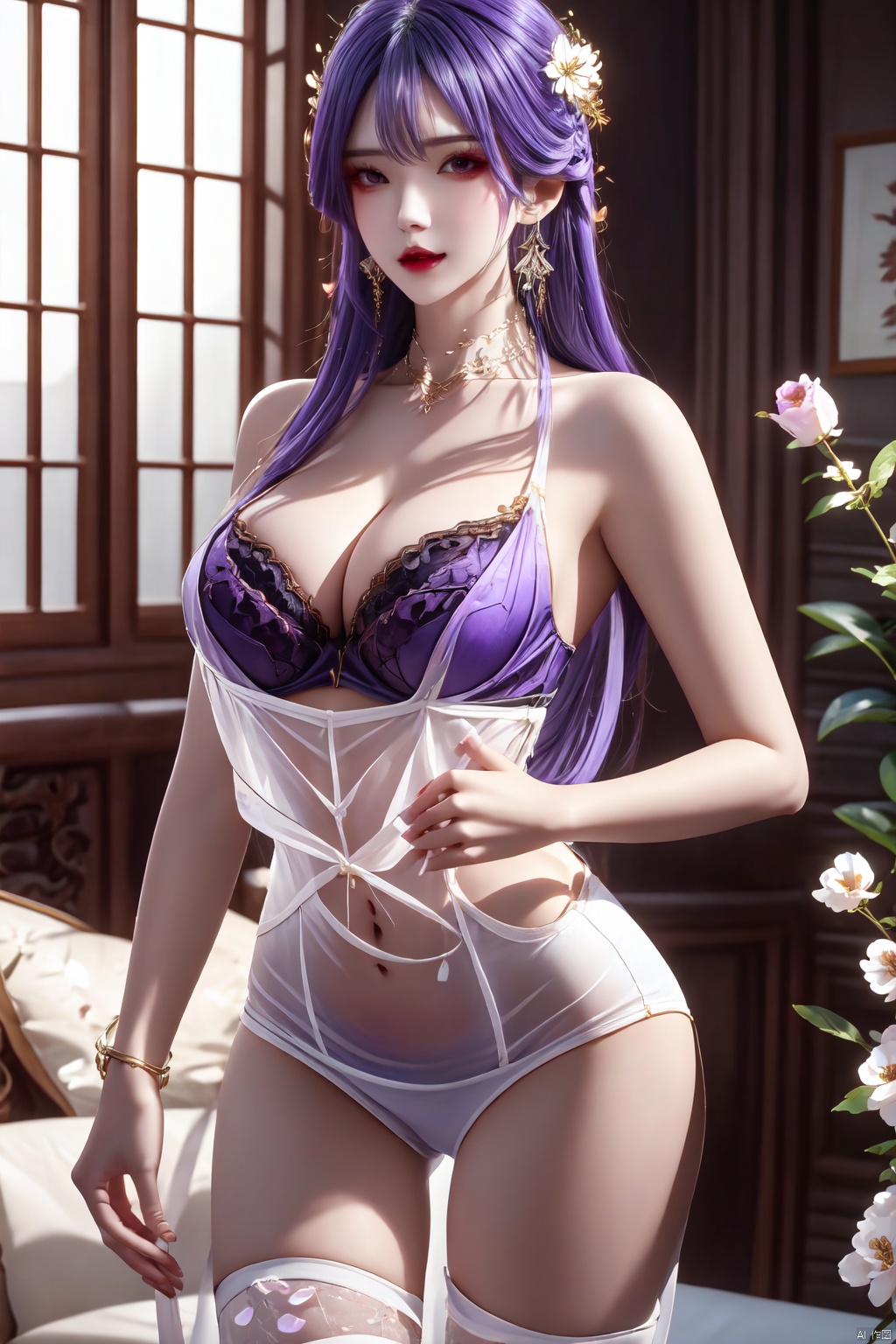 1girl, solo, long hair, breasts, looking at viewer, large breasts, hair ornament, thighhighs, dress, cleavage, bare shoulders, jewelry, underwear, purple hair, flower, thighs, earrings, parted lips, indoors, bra, white dress, bracelet, petals, covered navel