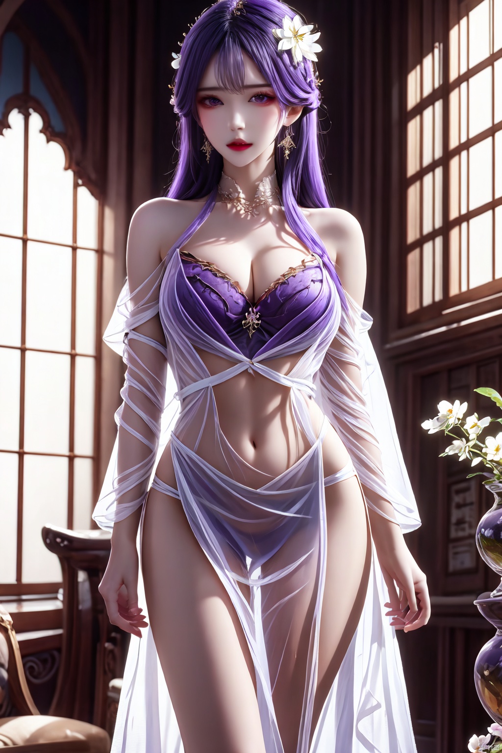 1girl, solo, long hair, breasts, looking at viewer, hair ornament, dress, navel, cleavage, jewelry, underwear, purple eyes, purple hair, flower, earrings, indoors, see-through, book, window, white flower, book stack