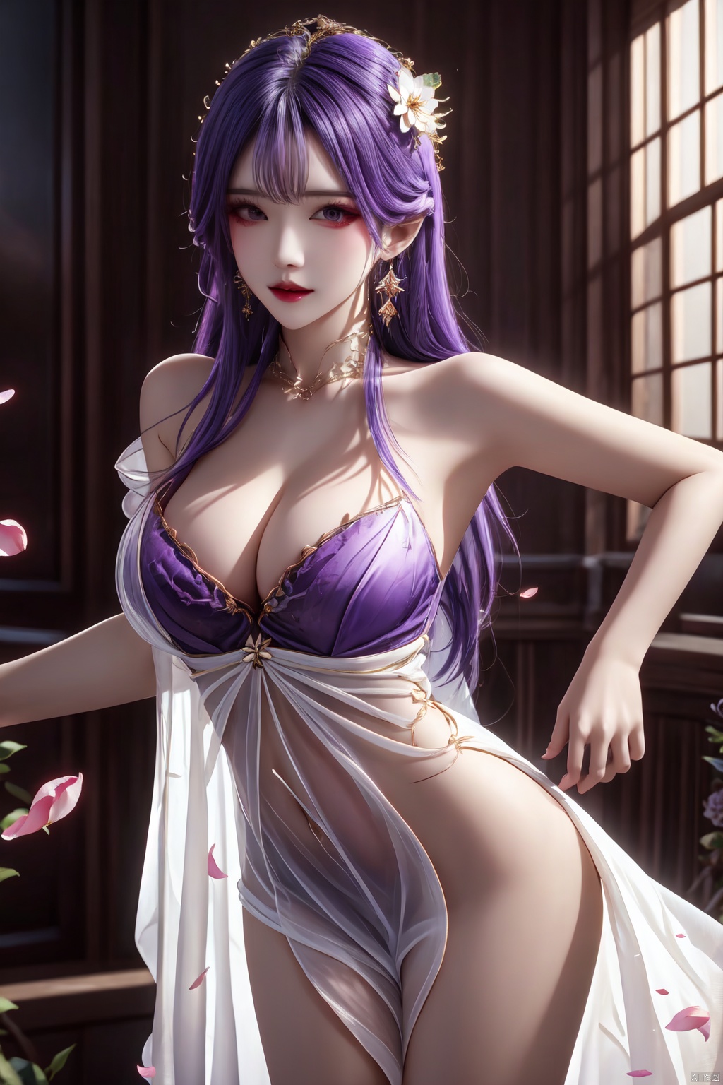 1girl, solo, long hair, breasts, large breasts, hair ornament, dress, cleavage, bare shoulders, jewelry, purple hair, cowboy shot, earrings, parted lips, indoors, white dress, see-through, petals, strapless, facial mark, outstretched arms, forehead mark, falling petals