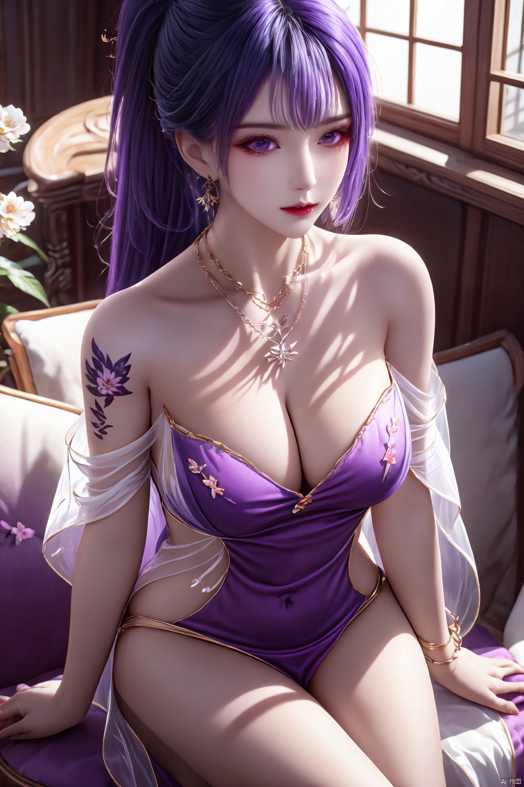 1girl, solo, long hair, breasts, large breasts, dress, cleavage, bare shoulders, jewelry, sitting, purple eyes, ponytail, purple hair, braid, earrings, indoors, necklace, bracelet, see-through, tattoo, bug, butterfly, purple dress