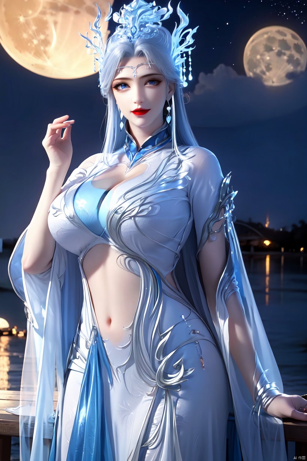 1girl, solo, long hair, breasts, looking at viewer, blue eyes, large breasts, hair ornament, dress, navel, cleavage, jewelry, blue hair, cowboy shot, earrings, sky, hand up, see-through, night, moon, revealing clothes, night sky, full moon, red lips