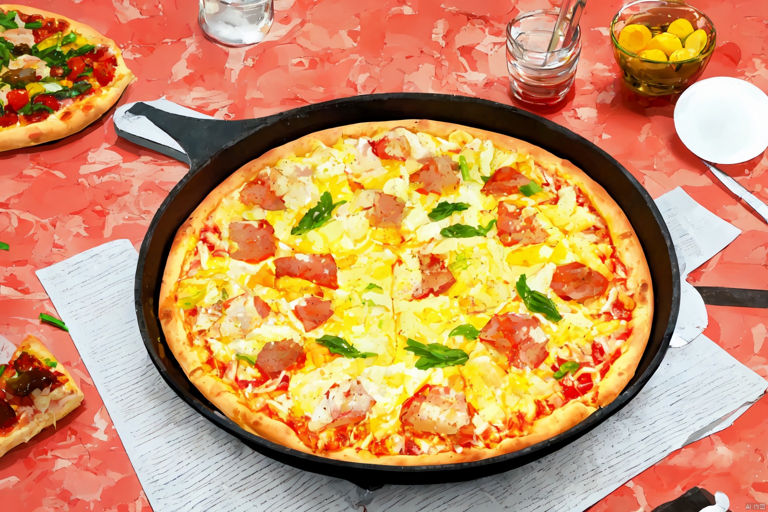 absurdres,incredibly absurdres,reality,realistic, ,Crayon style,,Delicious pizza, Asian girl