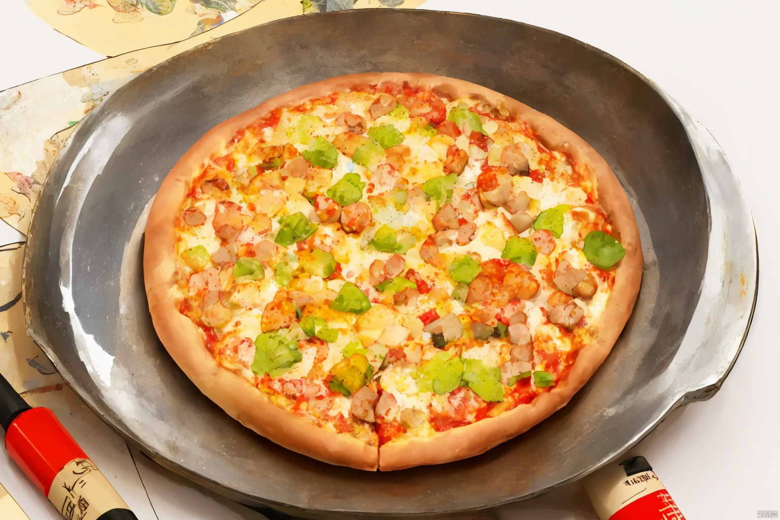 absurdres,incredibly absurdres,reality,realistic, ,Crayon style,,Delicious pizza, Asian girl