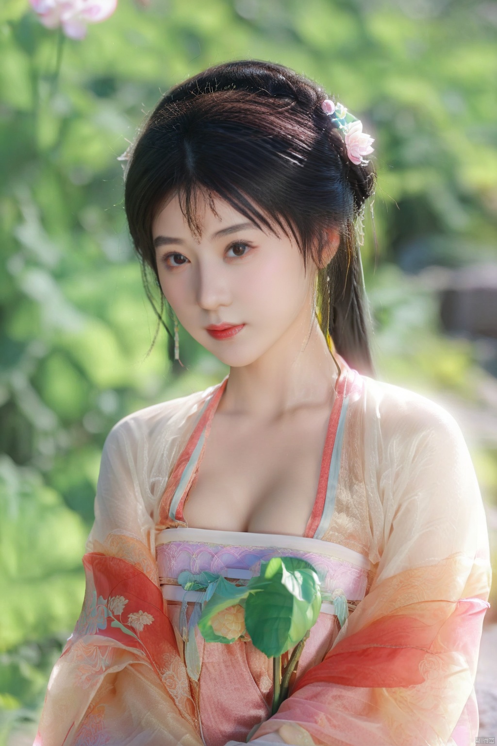(global illumination, reality,ray tracing, HDR, unreal rendering, reasonable design, high detail, masterpiece,best quality, ultra high definition, movie lighting),
1girl,outdoor,looking_at_viewer,side_blunt_bangs,china_dress,chinese_style,big breasts,pose,solo,1girl,black hair,black eyes, ,hanfu