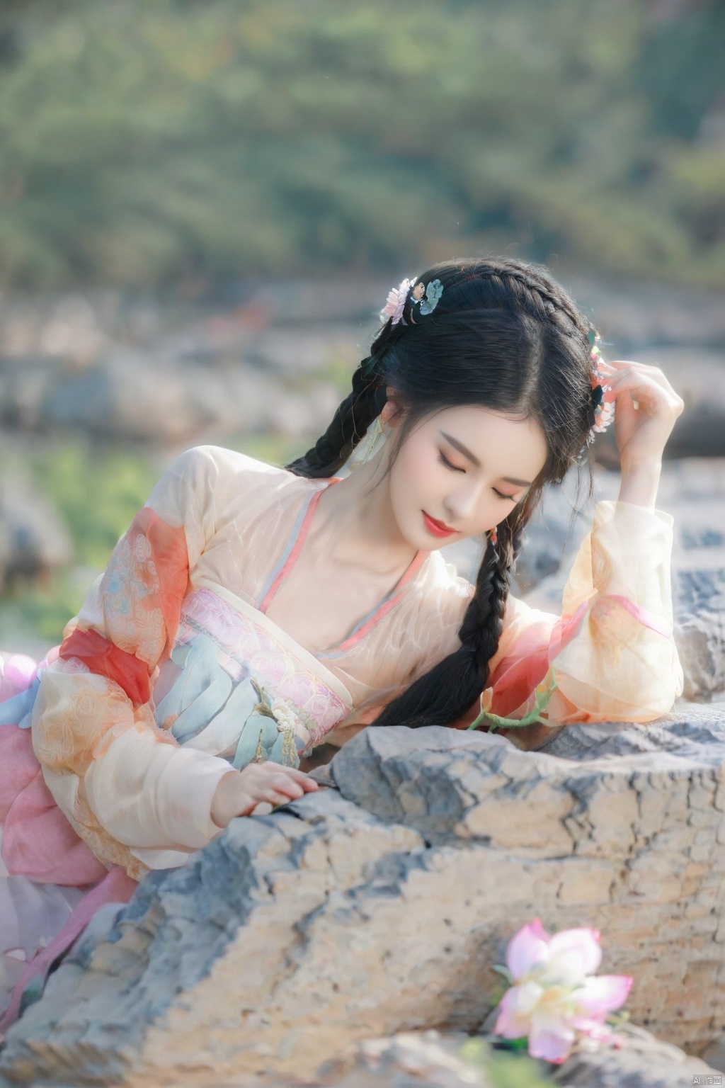 hanfu, 1girl, flower, braid, black hair, blurry, long hair, blurry background, hair ornament, solo, closed eyes, chinese clothes, hair flower, outdoors, long sleeves, rock, water, twin braids, upper body, realistic, day, looking down