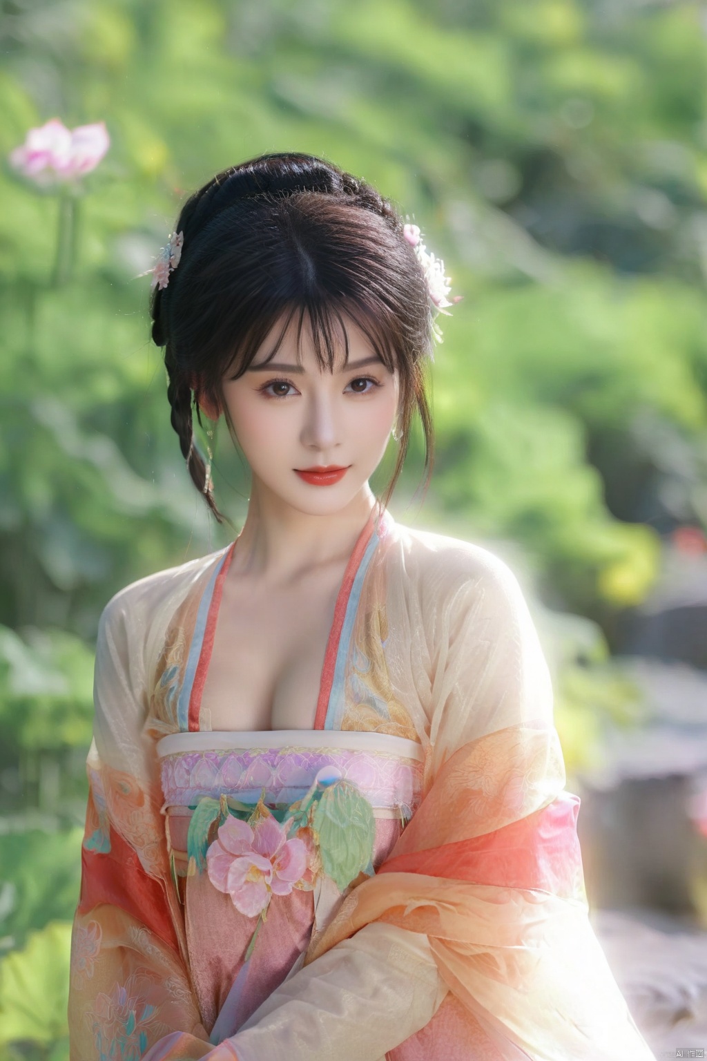 (global illumination, reality,ray tracing, HDR, unreal rendering, reasonable design, high detail, masterpiece,best quality, ultra high definition, movie lighting),
1girl,outdoor,looking_at_viewer,side_blunt_bangs,china_dress,chinese_style,big breasts,pose,solo,1girl,black hair,black eyes, ,hanfu