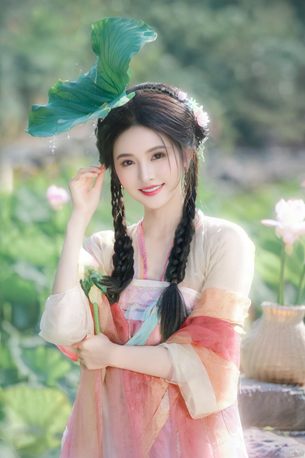 hanfu, 1girl, flower, solo, blurry, blurry background, braid, black hair, holding, twin braids, long hair, hair ornament, leaf, smile, earrings, outdoors, jewelry, chinese clothes, hair flower, lily pad, rock, day, looking at viewer, depth of field, water