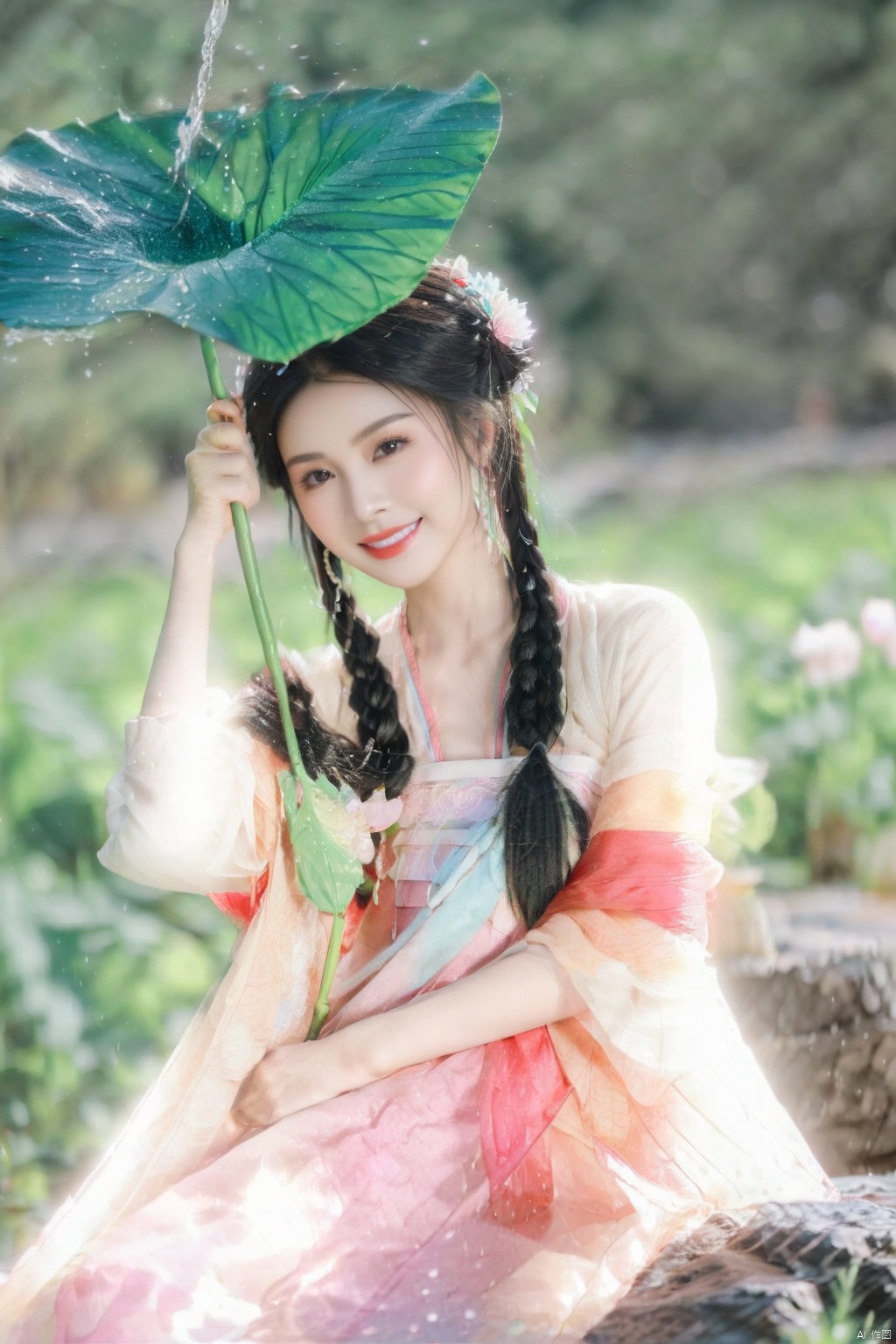 hanfu, 1girl, blurry, solo, blurry background, smile, black hair, flower, braid, hair ornament, holding, chinese clothes, twin braids, sitting, water, long hair, earrings, leaf, hair flower, outdoors, jewelry, looking at viewer, rock, depth of field, dress, teeth, leaf umbrella