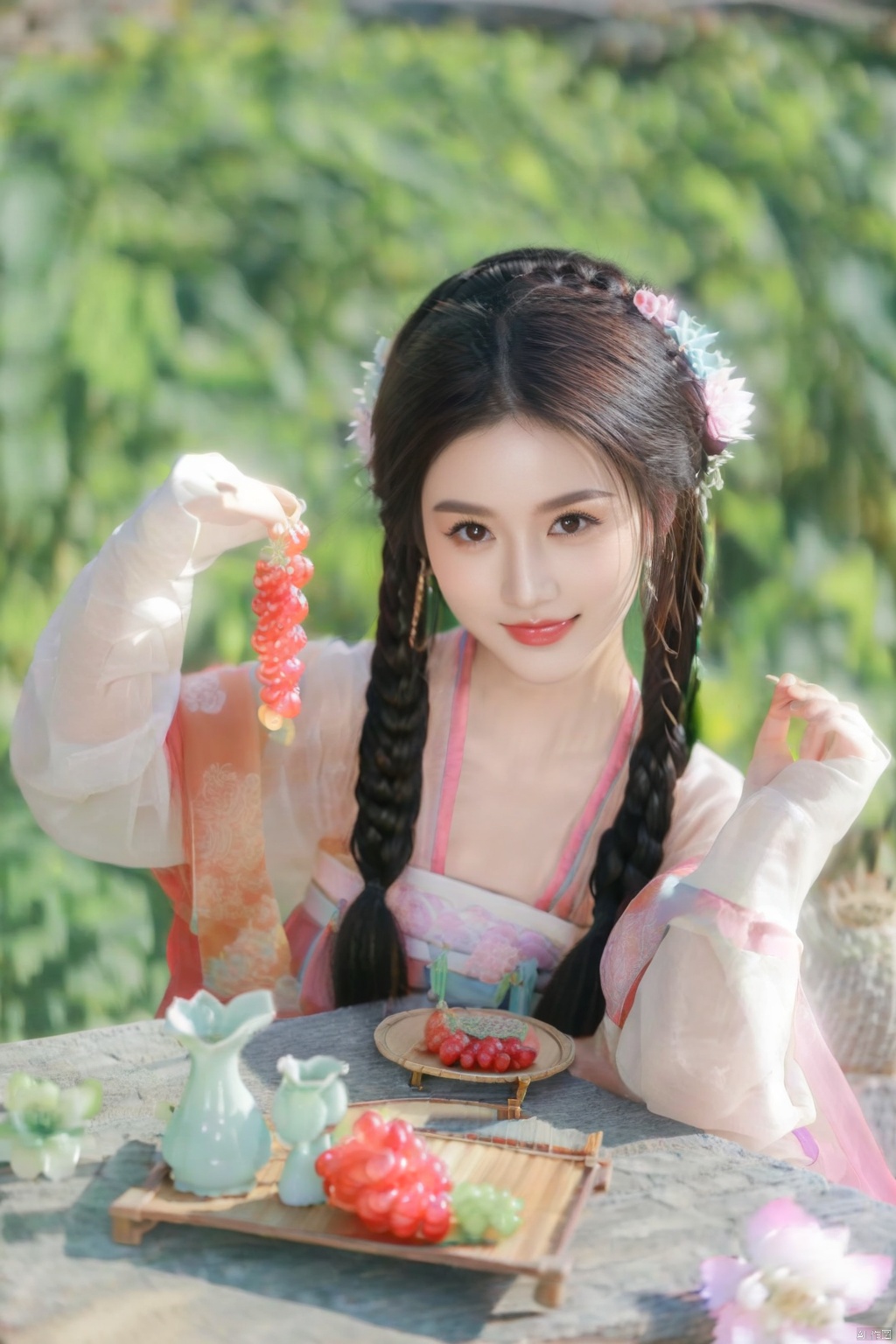 hanfu, 1girl, food, braid, flower, solo, fruit, blurry, black hair, twin braids, hair ornament, holding, smile, long hair, blurry background, hair flower, depth of field, plate, table, day, multiple braids, chinese clothes, outdoors, long sleeves, holding food, looking at viewer, korean clothes, black eyes