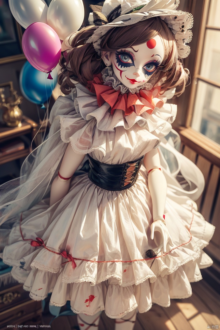 Masterpiece,High Quality,8k,full body,The clown doll,its face is a pale smiling face,painted with thick clown makeup,red lips and big eyes are particularly eye-catching. But if you look closely,this smiling face seems to hide endless sadness,and the eyes reveal a brown of despair and helplessness,and the color has peeled off,revealing the cotton inside. It held a balloon in its hand,which was supposed to be a colorful balloon,but now it has become shriveled and dull,its body is gradually broken,and its face is becoming more and more ferocious.,Unreal