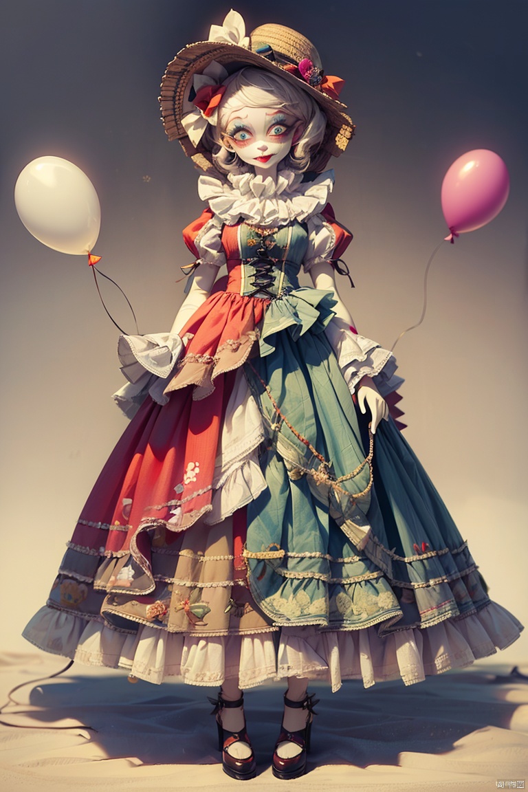 Masterpiece,High Quality,8k,full body,The clown doll,its face is a pale smiling face,painted with thick clown makeup,red lips and big eyes are particularly eye-catching. But if you look closely,this smiling face seems to hide endless sadness,and the eyes reveal a brown of despair and helplessness,and the color has peeled off,revealing the cotton inside. It held a balloon in its hand,which was supposed to be a colorful balloon,but now it has become shriveled and dull,its body is gradually broken,and its face is becoming more and more ferocious.,Unreal