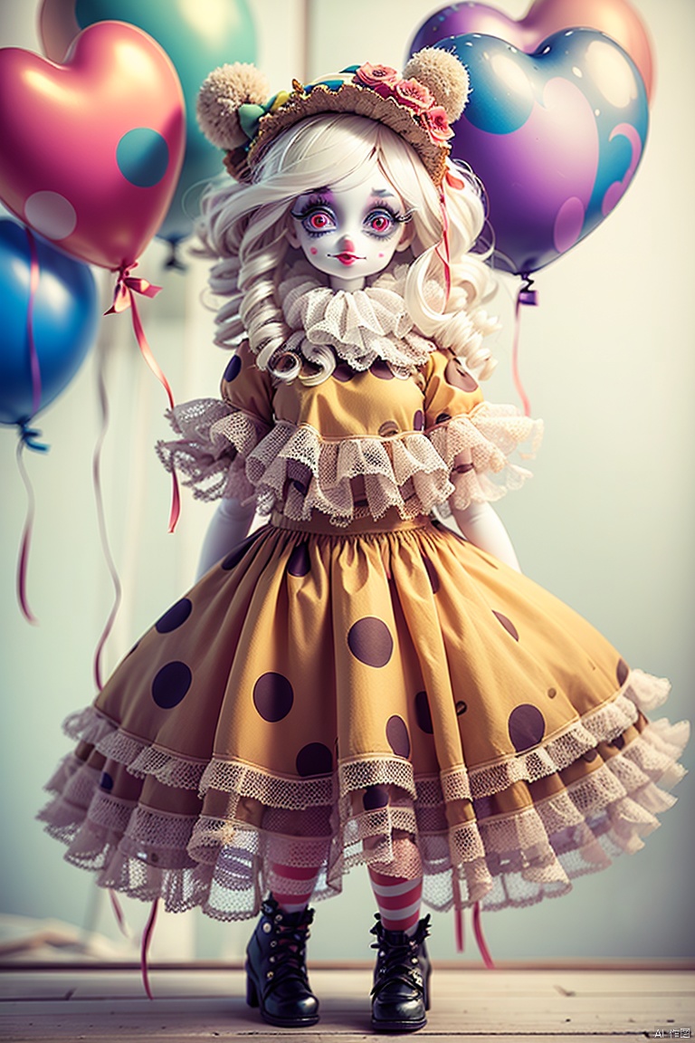 Masterpiece,High Quality,8k,full body,The clown doll,its face is a pale smiling face,painted with thick clown makeup,red lips and big eyes are particularly eye-catching. But if you look closely,this smiling face seems to hide endless sadness,and the eyes reveal a brown of despair and helplessness,and the color has peeled off,revealing the cotton inside. It held a balloon in its hand,which was supposed to be a colorful balloon,but now it has become shriveled and dull,its body is gradually broken,and its face is becoming more and more ferocious.,Unreal