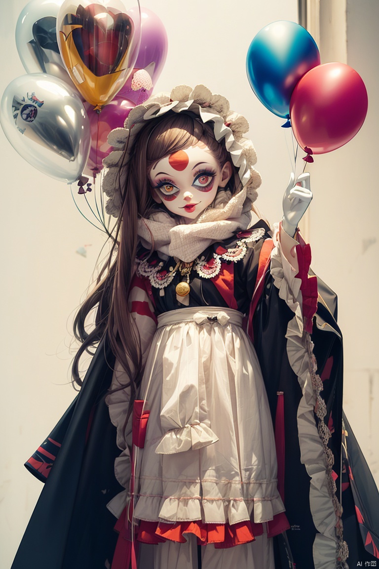 Masterpiece,High Quality,8k,full body,The clown doll,its face is a pale smiling face,painted with thick clown makeup,red lips and big eyes are particularly eye-catching. But if you look closely,this smiling face seems to hide endless sadness,and the eyes reveal a brown of despair and helplessness,and the color has peeled off,revealing the cotton inside. It held a balloon in its hand,which was supposed to be a colorful balloon,but now it has become shriveled and dull,its body is gradually broken,and its face is becoming more and more ferocious.,Unreal