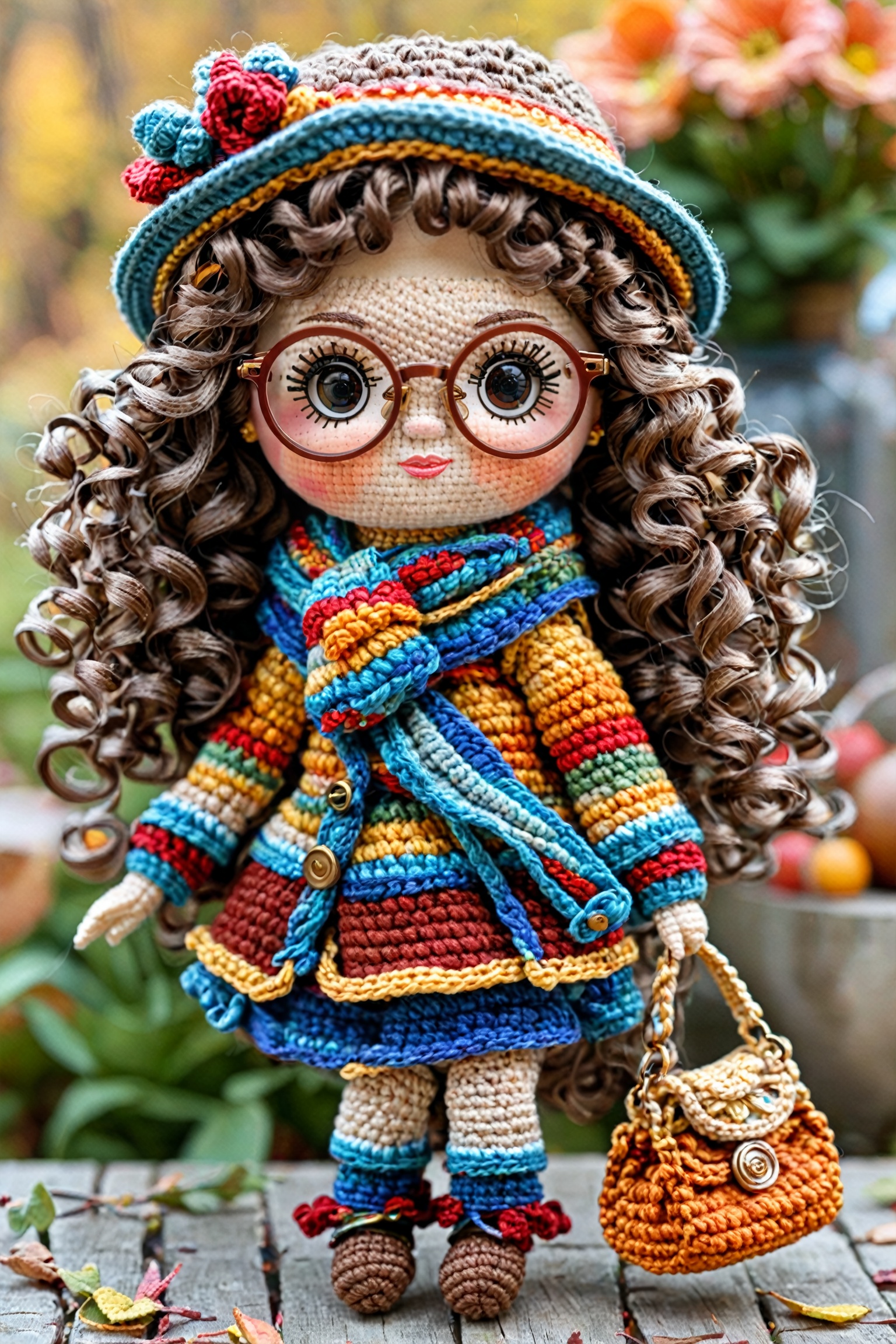 A meticulously crafted doll with large round glasses,  curly brown hair,  and rosy cheeks. The doll is dressed in a multi-...