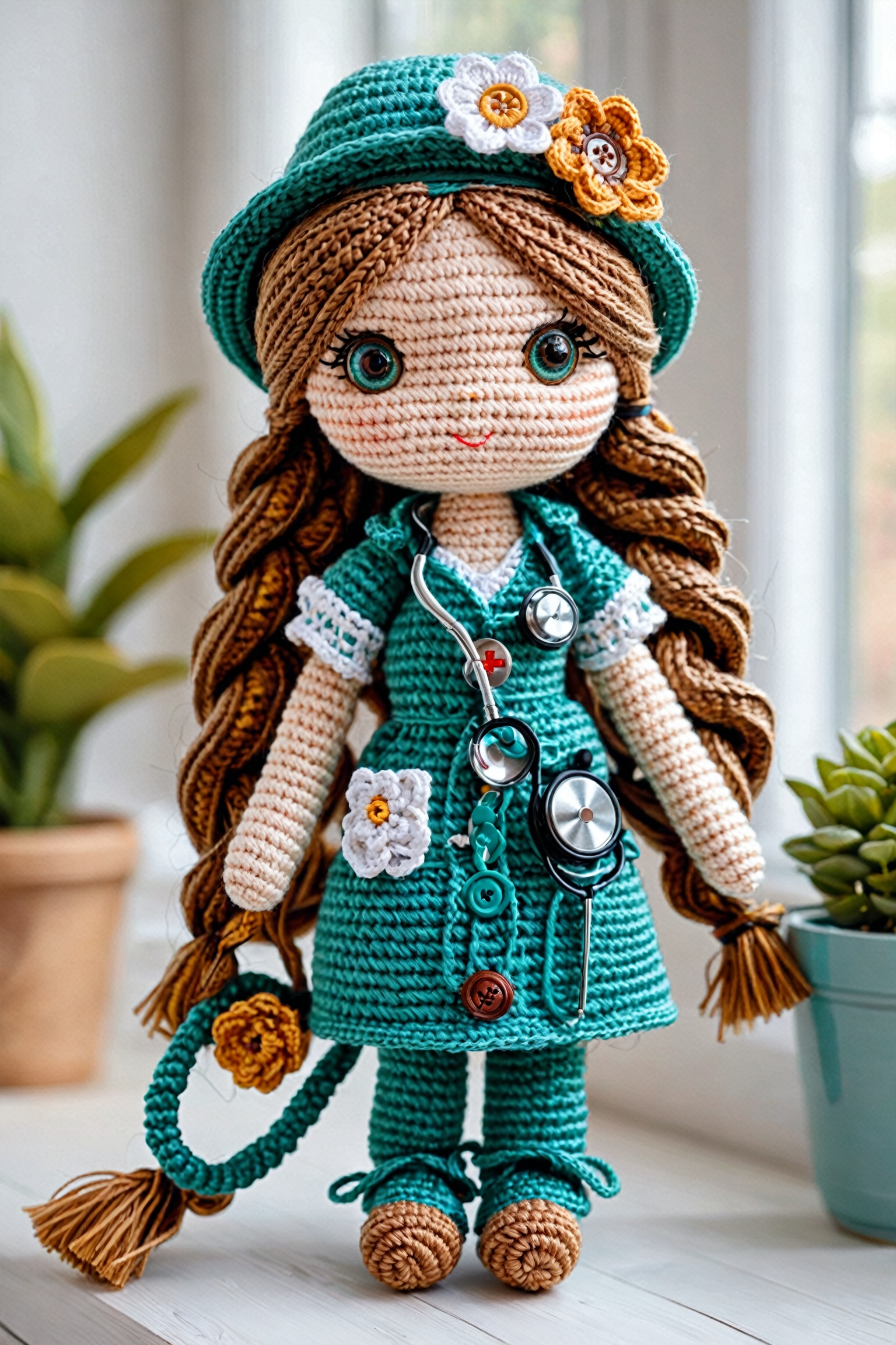 A meticulously crafted crochet doll. The doll has large,  expressive eyes,  a hat adorned with a flower on Tensor.Art