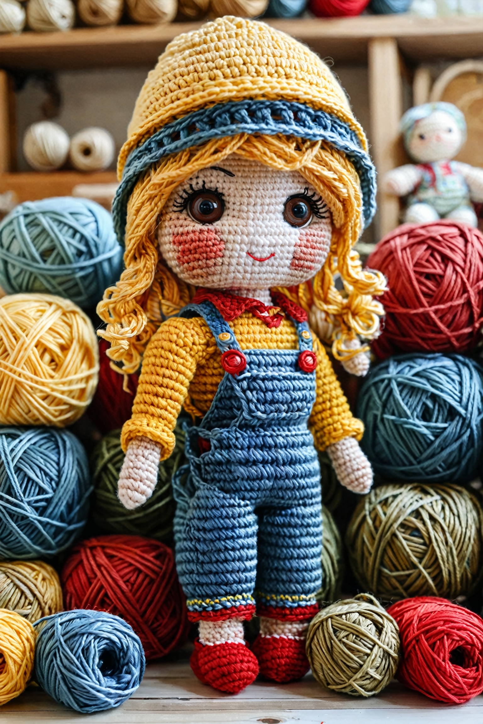 A handcrafted crochet doll,  adorned in a yellow hat,  red shirt on Tensor.Art