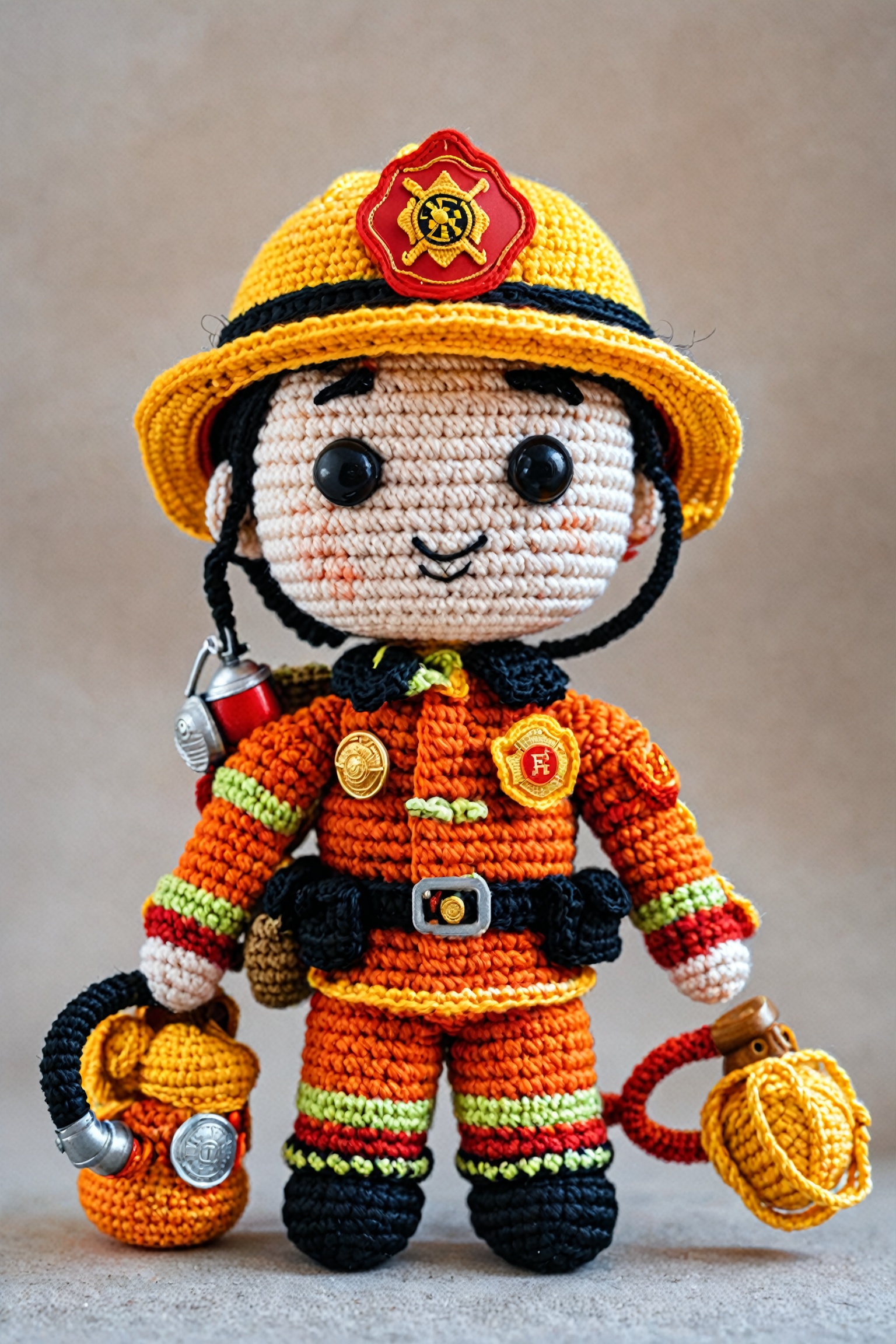 A crocheted toy resembling a firefighter. The toy has a round face with rosy cheeks,  big black eyes,  and a small mouth....