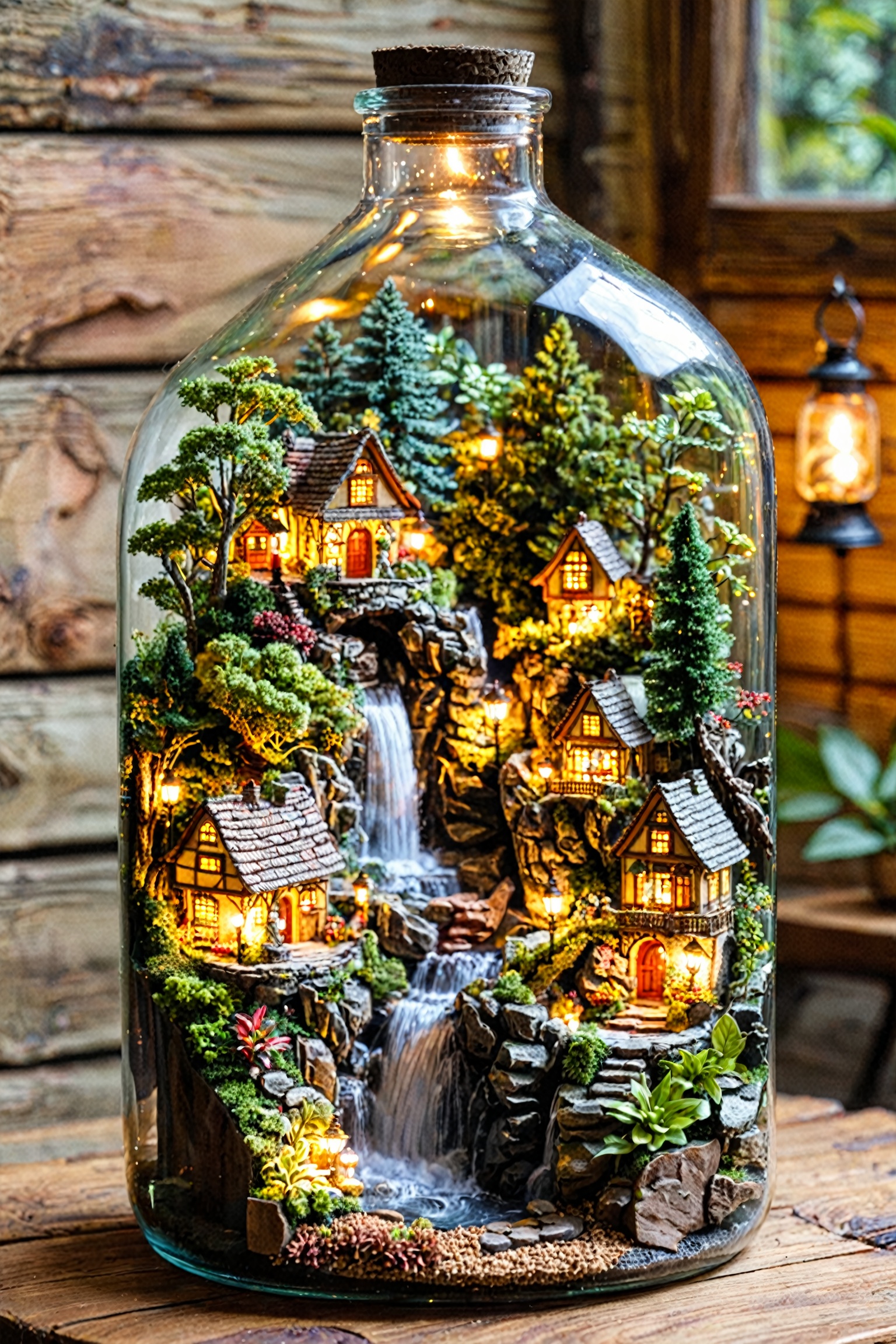A meticulously crafted miniature scene inside a glass bottle. The bottle is placed on a wooden surface. The miniature worl...