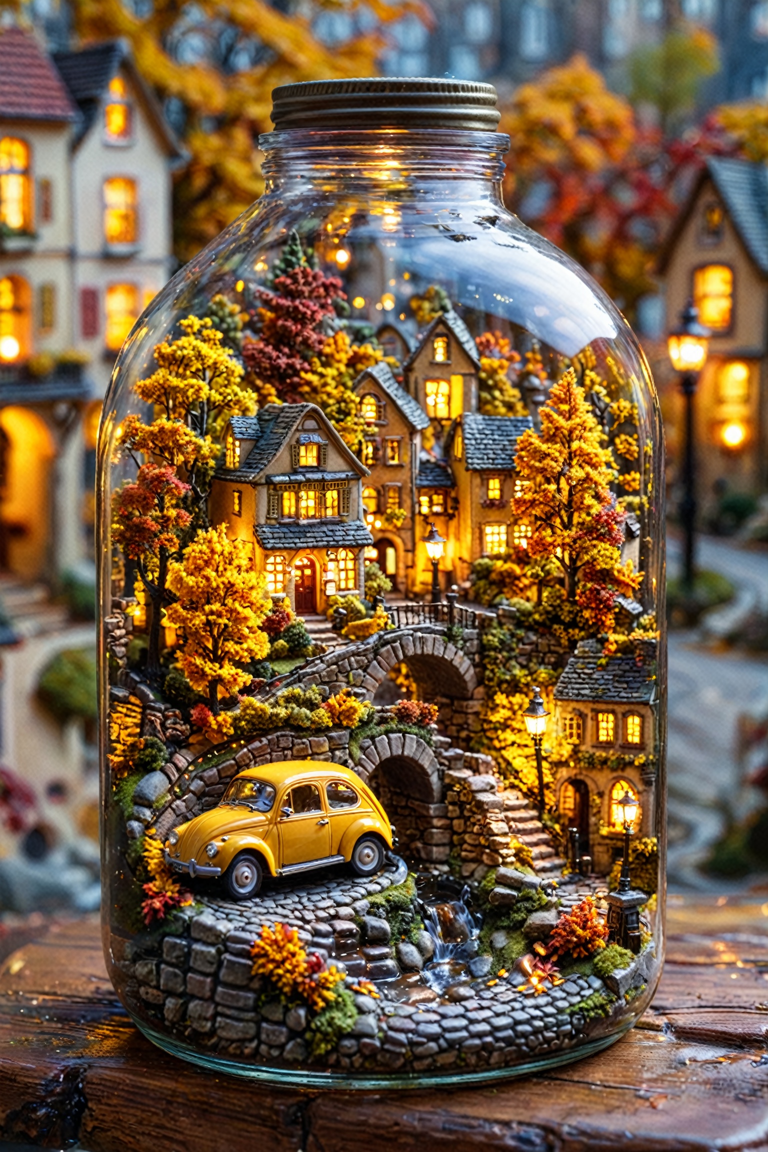 Miniature autumnal townscapes in transparent jar: quaint houses adorned with vibrant foliage,  vintage yellow car parked o...