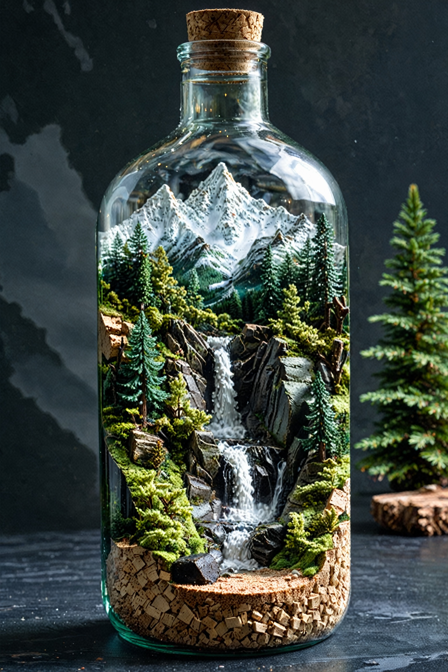A glass bottle with a cork lid. Inside the bottle,  there's a miniature landscape. It features snow-capped mountains in th...