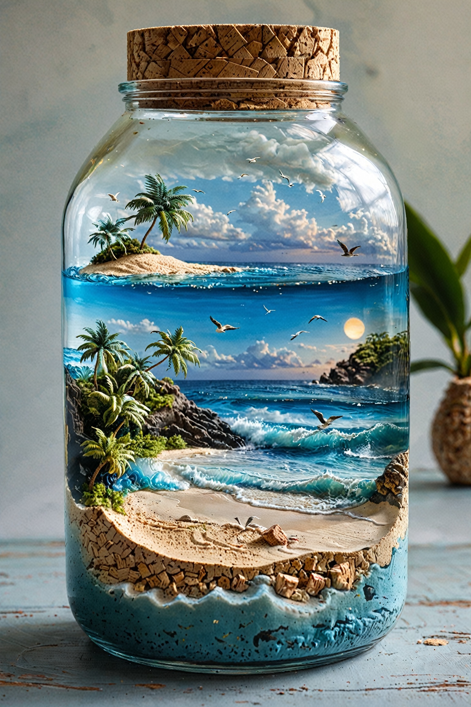 A glass jar with a cork lid. Inside the jar,  there's a miniature representation of a tropical beach scene. The top layer...
