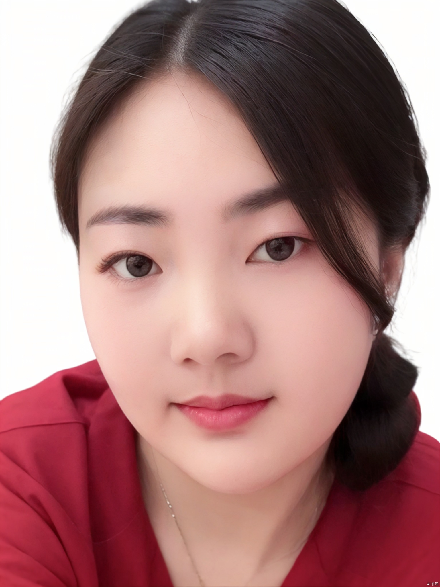 solo, looking at viewer, smile, simple background,red shirt, black hair, 1boy, white background, brown eyes, closed mouth,, black eyes, lips, traditional media, red shirt, portrait, realistic