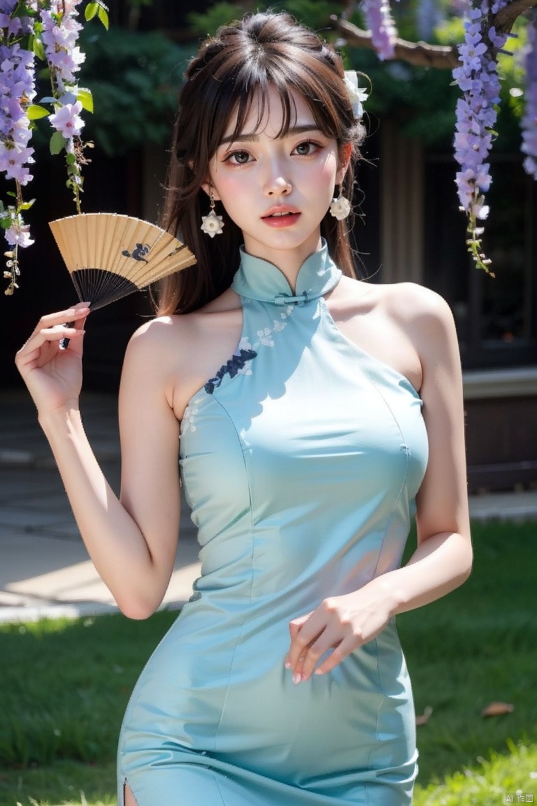1girl, blurry, blurry_background, blurry_foreground, depth_of_field, motion_blur, hand_fan, bokeh, photo_\(medium\), solo, dress, chinese_clothes, black_hair, earrings, lips, 3d, photo_background, holding, focused, jewelry, wisteria, holding_fan, looking_at_viewer, photorealistic, china_dress,extremely detailed CG unity 8k wallpaper,masterpiece, best quality, ultra-detailed, beautiful detailed eyes:1.2,best illumination, (best shadow, an extremely delicate and beautiful, bloom),best quality, masterpiece, highres, original, extremely detailed wallpaper, perfect lighting,(extremely detailed CG:1.2), drawing, paintbrush,, , 1 girl