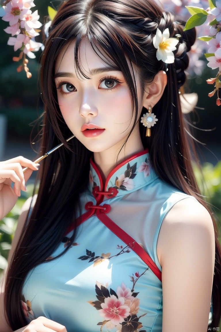 1girl, blurry, blurry_background, blurry_foreground, depth_of_field, motion_blur, hand_fan, bokeh, photo_\(medium\), solo, dress, chinese_clothes, black_hair, earrings, lips, 3d, photo_background, holding, focused, jewelry, wisteria, holding_fan, looking_at_viewer, photorealistic, china_dress,extremely detailed CG unity 8k wallpaper,masterpiece, best quality, ultra-detailed, beautiful detailed eyes:1.2,best illumination, (best shadow, an extremely delicate and beautiful, bloom),best quality, masterpiece, highres, original, extremely detailed wallpaper, perfect lighting,(extremely detailed CG:1.2), drawing, paintbrush,, 
