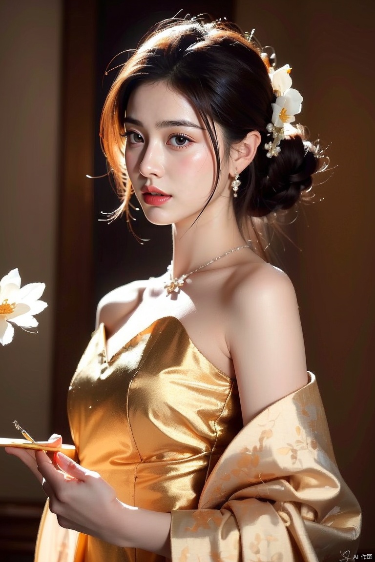 A stunning masterpiece of a digital artwork! The scene depicts a majestic signature piece, adorned with exquisite jewelry, against a breathtakingly beautiful background. The subject's eyes are rendered in jaw-dropping detail, with an unparalleled level of realism and depth. Soft, golden illumination casts a warm glow, accentuating the delicate petals of a nearby bloom. Every brushstroke appears meticulous, as if painted by hand, showcasing the artist's exceptional skill and dedication to their craft. The image is presented at an astonishing 8K resolution, making it perfect for admiring on high-resolution displays. This truly is a masterpiece worthy of admiration and contemplation.