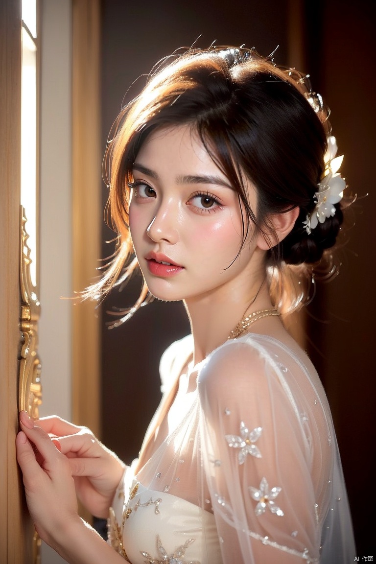 A majestic woman adorns the center of a lavish, ornate frame, her signature piece of jewelry - an intricate, gemstone-encrusted locket - gleaming with soft, warm light. Her eyes, two stunning orbs of crystal blue, sparkle like diamonds in the gentle glow. The surrounding bloom of delicate, petal-like patterns adds an air of ethereal beauty. Perfectly illuminated from within, her portrait seems to radiate a warm, golden light, as if painted by the finest artist's brush.