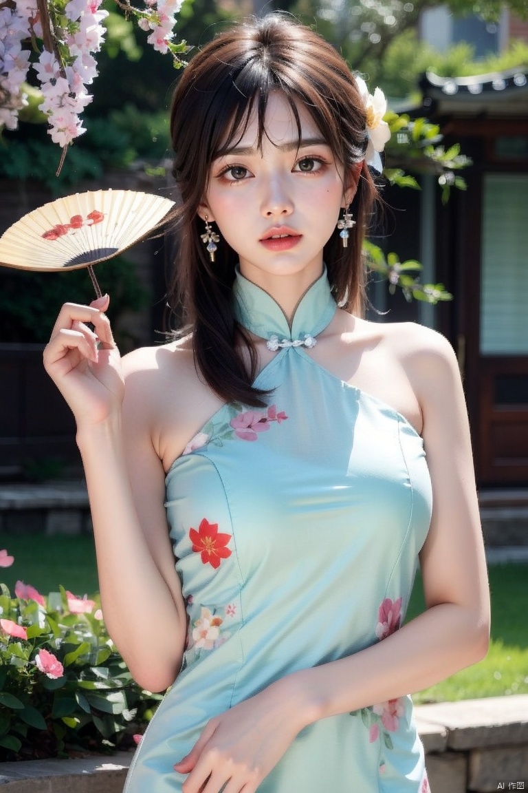 1girl, blurry, blurry_background, blurry_foreground, depth_of_field, motion_blur, hand_fan, bokeh, photo_\(medium\), solo, dress, chinese_clothes, black_hair, earrings, lips, 3d, photo_background, holding, focused, jewelry, wisteria, holding_fan, looking_at_viewer, photorealistic, china_dress,extremely detailed CG unity 8k wallpaper,masterpiece, best quality, ultra-detailed, beautiful detailed eyes:1.2,best illumination, (best shadow, an extremely delicate and beautiful, bloom),best quality, masterpiece, highres, original, extremely detailed wallpaper, perfect lighting,(extremely detailed CG:1.2), drawing, paintbrush,, , 1 girl