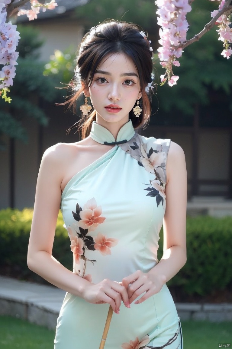 1girl, blurry, blurry_background, blurry_foreground, depth_of_field, motion_blur, hand_fan, bokeh, photo_\(medium\), solo, dress, chinese_clothes, black_hair, earrings, lips, 3d, photo_background, holding, focused, jewelry, wisteria, holding_fan, looking_at_viewer, photorealistic, china_dress,extremely detailed CG unity 8k wallpaper,masterpiece, best quality, ultra-detailed, beautiful detailed eyes:1.2,best illumination, (best shadow, an extremely delicate and beautiful, bloom),best quality, masterpiece, highres, original, extremely detailed wallpaper, perfect lighting,(extremely detailed CG:1.2), drawing, paintbrush,, 