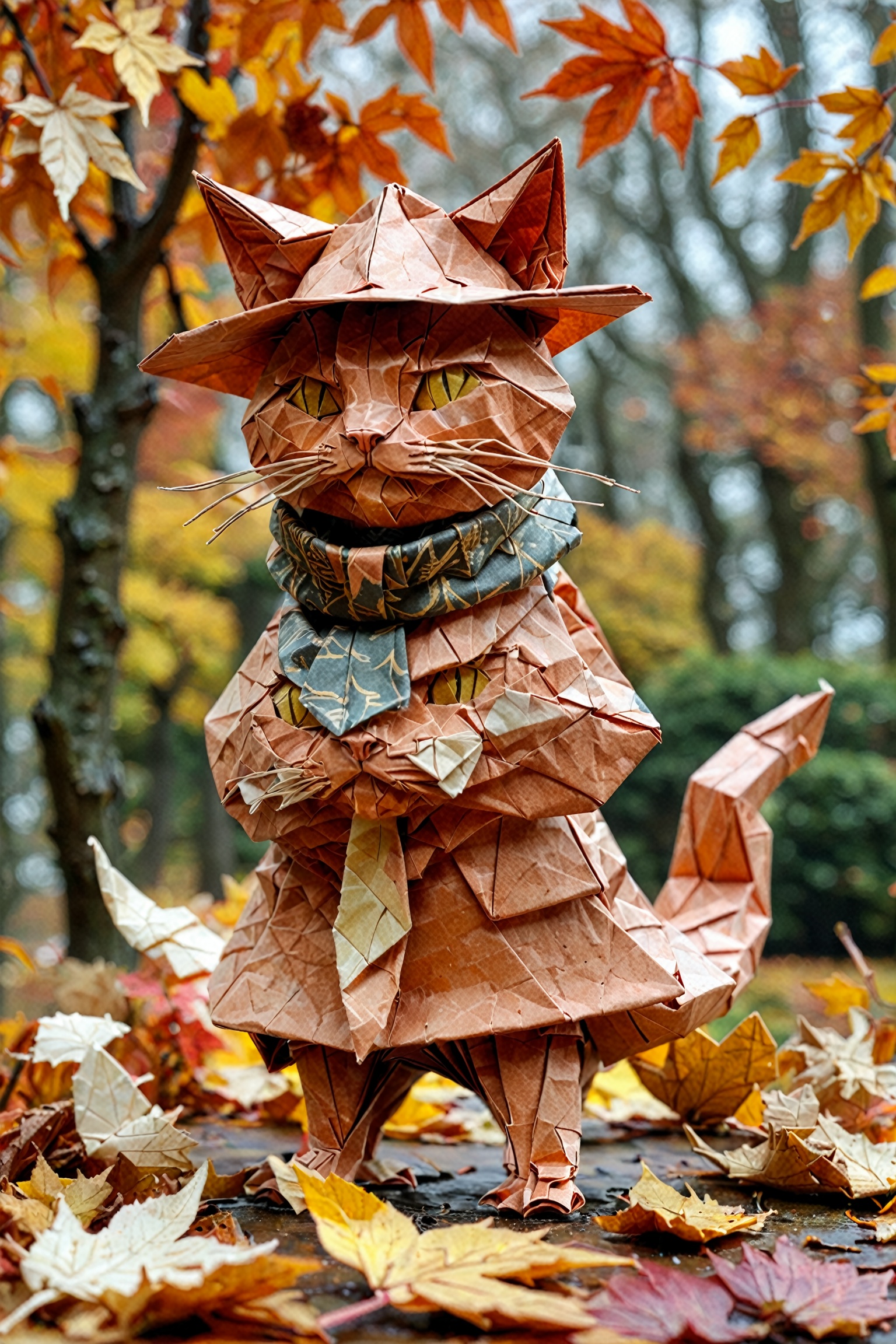 An intricately crafted origami figure resembling a cat. The cat is adorned with a wide-brimmed hat and a flowing scarf,  g...