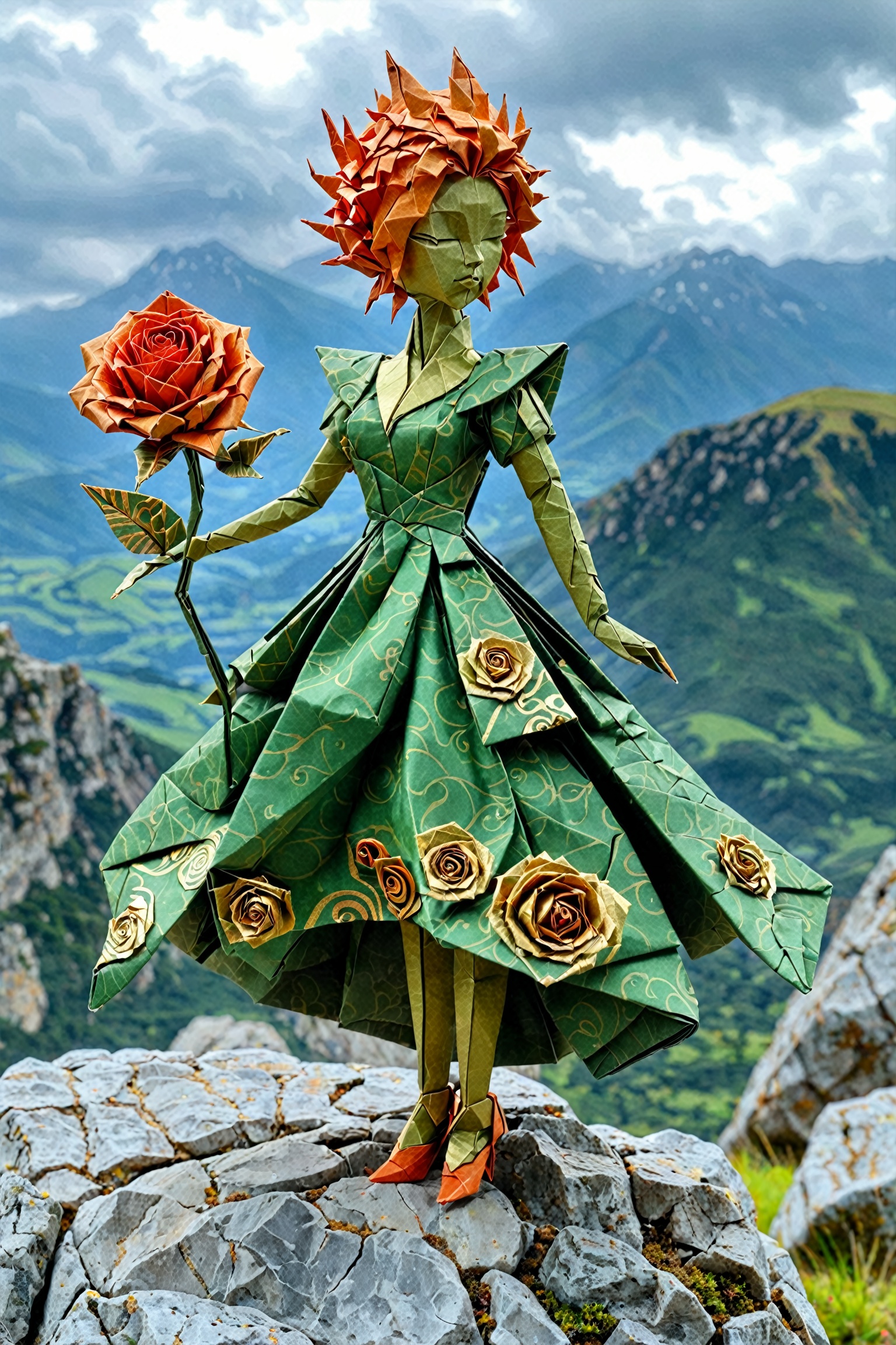 An intricately crafted origami figure,  possibly inspired by a mythical or fantasy character. The figure has a green dress...